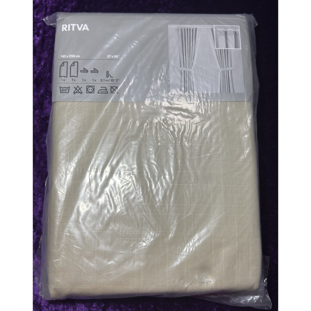 Ikea Ritva Curtain Panels Beige Tab Top Tie Backs 57 x 98" 201.119.88